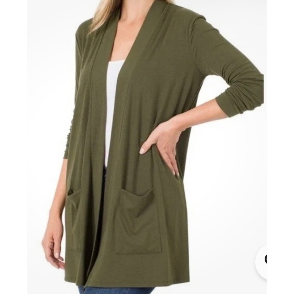 Zenana Premium Olive Green Open‎ Front Long Sleeve Cardigan Plus Size 3X